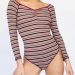 Free People  Ribbed Knit Long Sleeve Put A Stripe On It Thong Bodysuit Photo 2