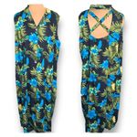 Vintage 90s Plus Size Shirt Dress Tropical Floral Criss Cross Open Back Maxi Black Photo 1