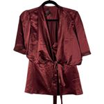 BCBG Max Azria Burgundy Satin Babydoll Wrap Flutter Sleeve Blouse Size Small Photo 0