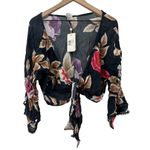 Agua Bendita Women L Angie Blouse Jasmine Collection Navy Floral Front Tie Shawl Photo 1