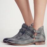 Free People  Braeburn Distressed Gray Leather Ankle Boots 37 Double Buckle Strap Photo 14