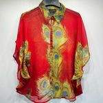 Red Peacock Feathers Sheer Button Front Blouse with Short Flutter Sleeves Size XL Photo 0