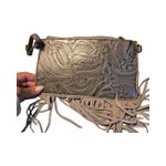 Free People Tooled Embroidered Fringe Gray Wristlet *Flaw* Photo 1