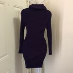 Y2K Fitted bodycon cowl mock turtleneck sweater dress off shoulder ribbed knit Purple Photo 1