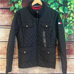 Tommy Hilfiger  Quilted Black Jacket Embroidered Logo 4 Pockets Womens L $119 NWT Photo 0