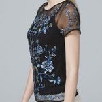 White House | Black Market Black Mesh and Blue Floral Embroidered Short Sleeve Top Photo 2