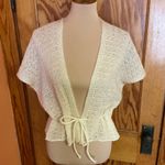 Vintage Cream Crochet Knit Tie Front Cover Up | 70s Boho Sheer cardigan Photo 4