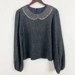 ZARA  Sweater L Embellished Peter Pan Collar Pearl Rhinestone Crewneck Gray Photo 3