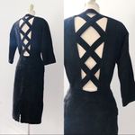 vintage • 1980s black suede leather dress sheath plunge neck criss cross open Photo 13
