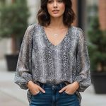 Show Me Your Mumu Snake Print Sheer Overlay High Low V-Neck Blouse Size M Photo 0