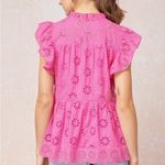Entro  Hot Pink Perforated Frilled Short Sleeve Blouse Size Small 100% Cotton EUC Photo 1