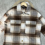 Banana Republic Women's Wool Blend Plaid Flannel Shirt Jacket Longline Brown M Photo 3
