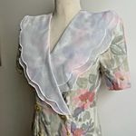 Leslie Fay Vintage Midi Dress Flax Floral Chiffon Shirt Sleeve ILGWU 8 Petite Photo 3
