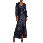 AQUA Sequined Long Sleeve V-Neck Sparkly Evening Gown Navy Blue Size 4 Dress Photo 11