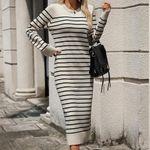 Womens Striped Sweater Dress Knit Crewneck Long Sleeve Casual Midi Dress. Size S Black Photo 1