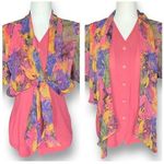 Vintage Jolly King Blouse Pink Button Front Sheer Abstract Art Scarf Overlay Size M Photo 0