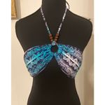 Wetseal Tie Bikini Top Blue‎ White Wood Beads Ring Center Size Large Y2K Beach Blue Photo 1