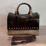 Large Studded Jelly & Faux Snakeskin Duffle Shaped Bag Oversized Purse Y2K Glam Brown Photo 0