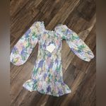 70/21  saks fifth floral nwt dress classic mini long sleeve $220 formal ruched S Photo 1