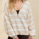 Aerie Sun's Out 1/4 Zip Striped Pullover Polo Sweatshirt Tan Cream White Medium Photo 0
