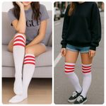 White Thigh High Nylon Stockings with Red Stripes – Retro Athletic Look Photo 1