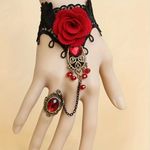 Vintage‎ Style Red Rose Design Bracelet Ring Integrated Gothic Mitten Bracelet Black Photo 7