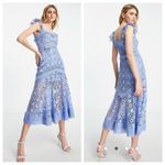ASOS New Design Premium Lace Midi Dress With Ruffle Detail in Blue Size US 6 Photo 1