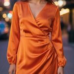 NEW PUBLIC DESIRE Vibrant Orange Satin Wrap Party Chic Dress Ruched Long Sleeves Size 4 Photo 0