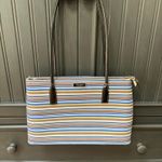 Kate Spade Blue/Yellow/Tan Striped Purse with Black Shoulder Strap Photo 0