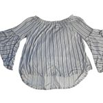 Time & Tru Medium Blue White Striped Abel Sleeve Off The Shoulder Top Blouse Photo 0