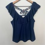 Hem & Thread  Navy Blue Ruffle Neckline Tie Back Shirt Size Small Photo 1