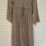 Rebellion Again Kimono Maxi Dress Beige Lace Trim Tie Waist Long Sleeve size 2 Tan Photo 0