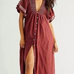 Free People Samantha Embroidered Puff Sleeve Button Front Maxi Dress Medium Photo 3