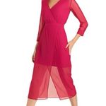Bebe NWT  Womens Raspberry Pink Chiffon Faux Wrap Midi Dress 3/4 Sleeve Size 4 Photo 0