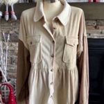 Cream and Tan Peplum Button Down Shirt Size L Photo 2