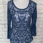 EXPRESS women S sheer lace scoopneck Longsleeve blouse w/scalloped edging blue Photo 0