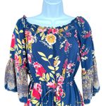 Angie  Floral Off-Shoulder Boho Bell Sleeve Romper Blue Multicolor Size Medium Photo 1