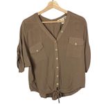 Boutique Mine Brown Button Down Tie Front Short Sleeve Top S Photo 1