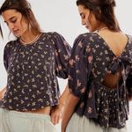 Free People Chloe Printed Top Washed Black Floral Large NWT Cottage Bow Gauze Photo 1