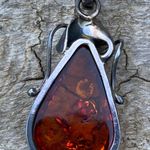 Vintage Baltic Amber Silver Art Deco Tulip Drop Pendant Poland 925 Sterling Orange Photo 2