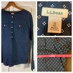 L.L.Bean Shirt Women Medium Polka Dots Cotton Blue White 1/4 Button Henley Church Photo 1