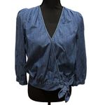 Madewell Denim Wrap Top 70s Retro Style Crop 3/4 Sleeve V-Neck Mid Blue Small Photo 7