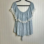 Miss Lili  Blue Floral Off Shoulder Blouse Front Knot, Lace Detail D46 Photo 5