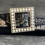 Vintage Tapestry Belt Womens Small Pearl Square Buckle Floral Made USA 90s‎ Black Photo 0