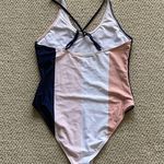Cupshe One Piece Bathing Suit Striped Preppy Nude Navy Cheeky Cross Strap Medium Photo 3