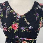 Vintage 90s Floral Print Midi Dress Crepe Empire Tie Waist V Neck Black Pink M Size M Photo 4