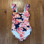 Kona Sol  ruched tummy control ruffle sleeve floral one piece swimwear small 4/6 Photo 2
