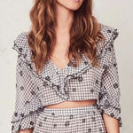 Love Shack Fancy  Blake Cropped Floral Ruffle Blouse Black White Women's size Large Photo 0
