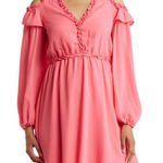 Nicole Miller  Ruffle Cold Shoulder Long Sleeve Dress Coral Camellia Rose 12 NWT Photo 0