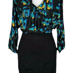 BCBGMAXAZRIA Womenâ 6 Abstract Paint Blue Blouson Dress Cowl Neck Business Photo 0